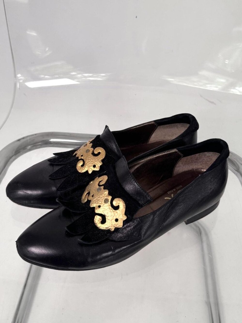 80s vintage black leather gold ornate fringed flat loafers Italy Made EUR 36.5